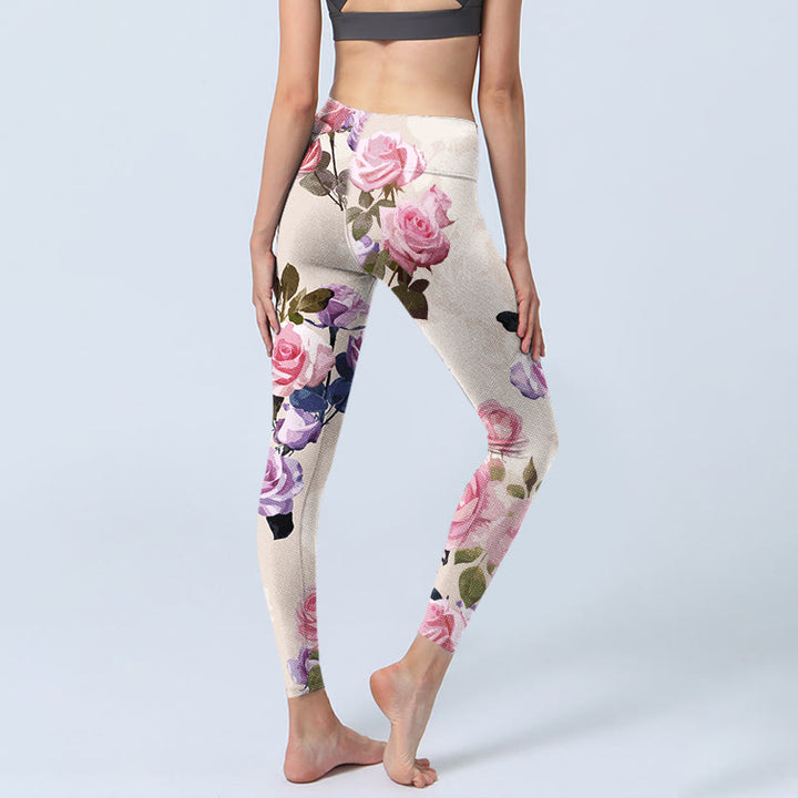 Buddha Stonesベージュ ローズフラワープリント ジムレギンス レディース ヨガパンツ - image 5