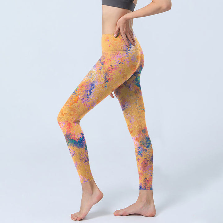 Buddha Stonesの明るい黄色の抽象的な水彩画柄プリントジムレギンスレディースヨガパンツ - image 3