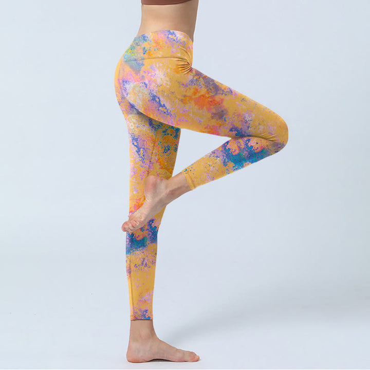 Buddha Stonesの明るい黄色の抽象的な水彩画柄プリントジムレギンスレディースヨガパンツ - image 4