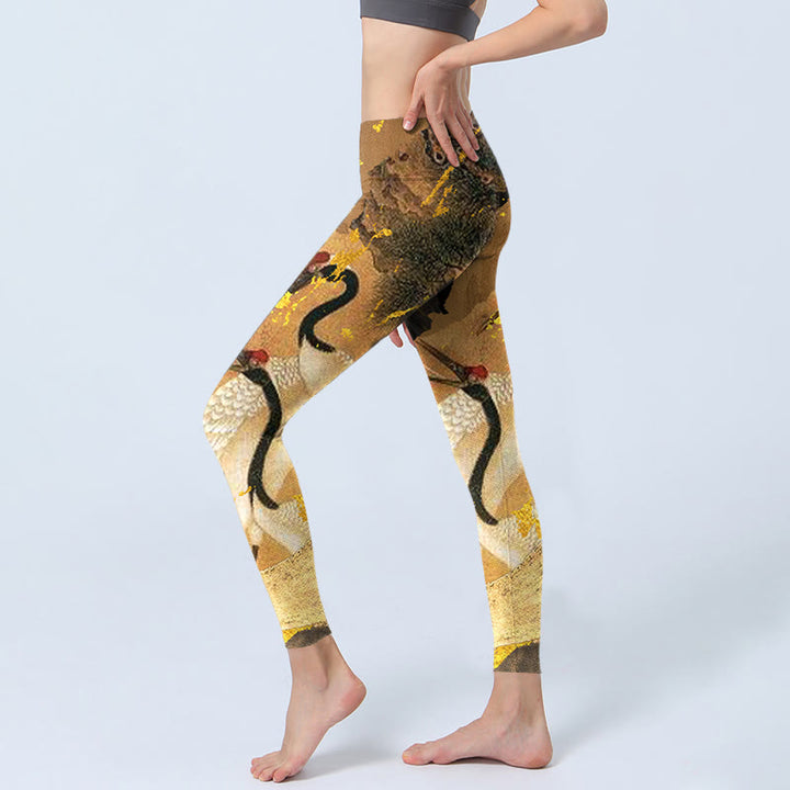 Buddha Stones、岩、松、タンチョウヅル柄プリントのジムレギンス、レディースヨガパンツ - image 3