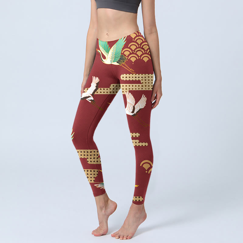 Buddha Stones赤冠鶴 雲柄 プリント ジムレギンス レディース ヨガパンツ - ファイアブリック - US18、 UK/AU22、 EU50 (4XL) - image 1