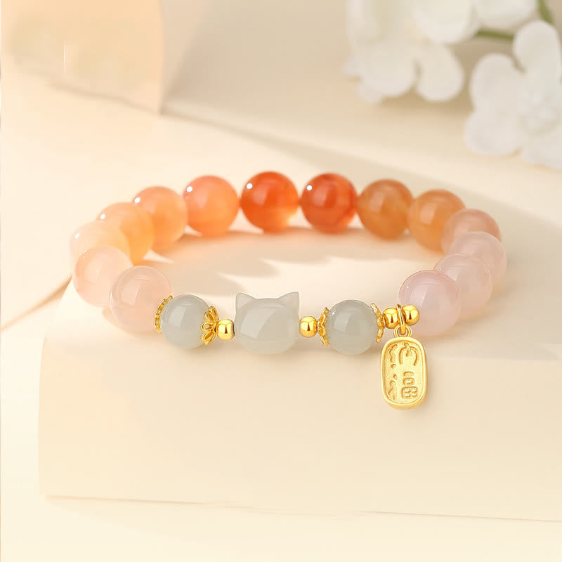 Buddha Stones 925スターリングシルバー レッドアゲート 和田翡翠 猫福キャラクター 自信ブレスレット - 赤瑪瑙（手首周り：15～17cm） - image 1
