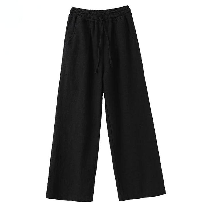 Buddha Stonesカジュアル 無地 ルーズ ストレートレッグ レディース ラミーコットン ワイドレッグパンツ ポケット付き