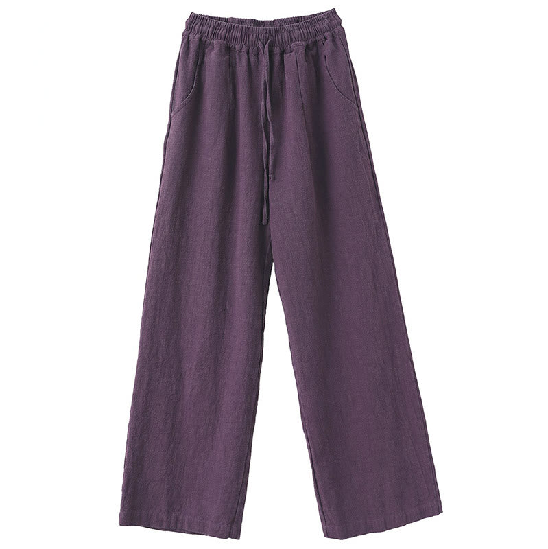 Buddha Stonesカジュアル 無地 ルーズ ストレートレッグ レディース ラミーコットン ワイドレッグパンツ ポケット付き