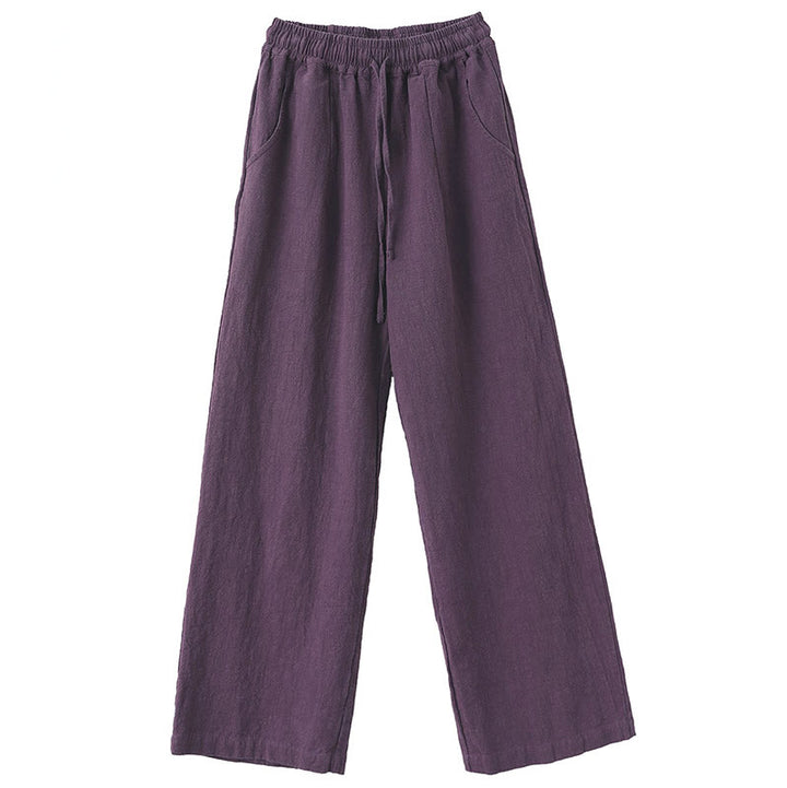 Buddha Stonesカジュアル 無地 ルーズ ストレートレッグ レディース ラミーコットン ワイドレッグパンツ ポケット付き