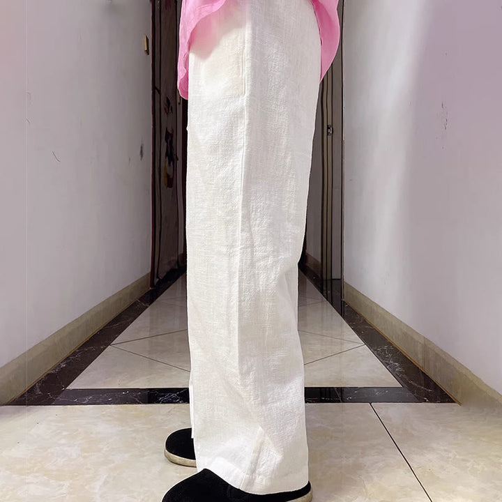 Buddha Stonesカジュアル 無地 ルーズ ストレートレッグ レディース ラミーコットン ワイドレッグパンツ ポケット付き