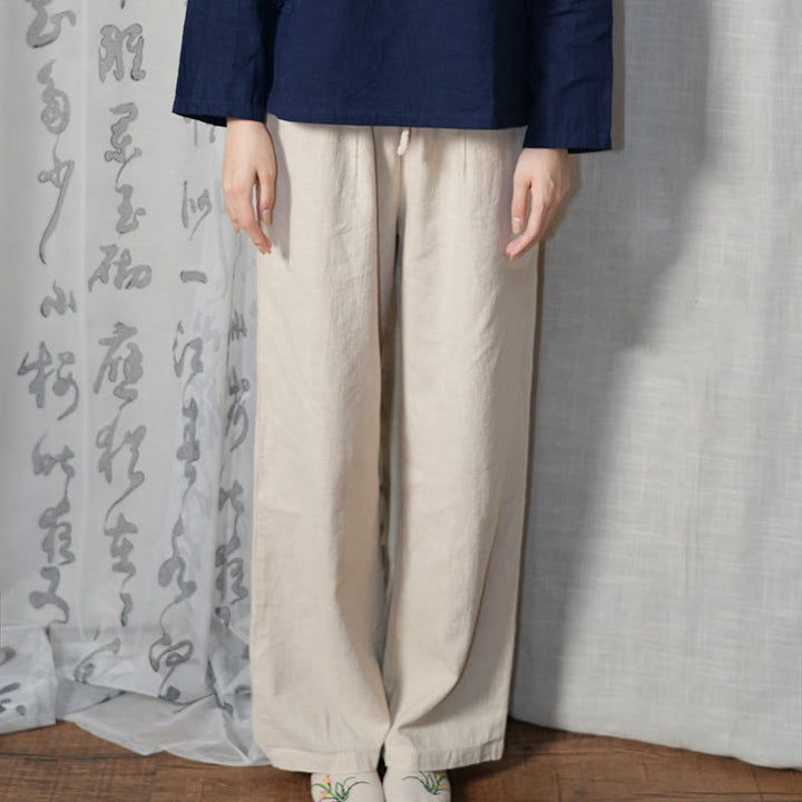 Buddha Stonesカジュアル 無地 ルーズ ストレートレッグ レディース ラミーコットン ワイドレッグパンツ ポケット付き
