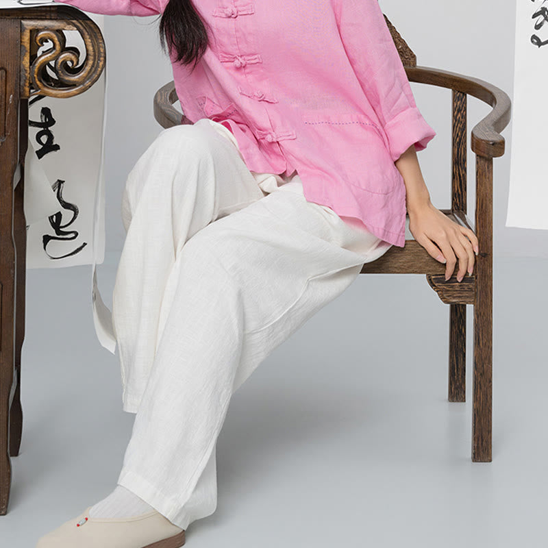 Buddha Stonesカジュアル 無地 ルーズ ストレートレッグ レディース ラミーコットン ワイドレッグパンツ ポケット付き