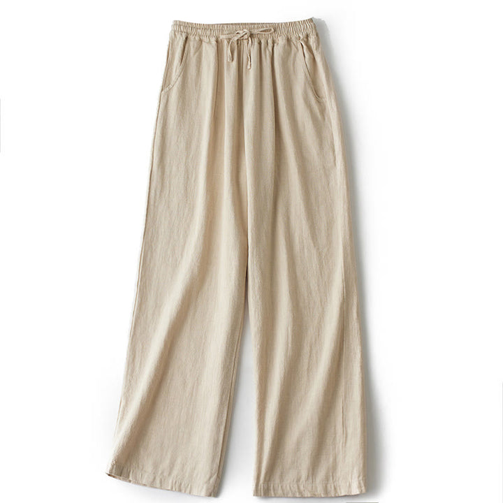 Buddha Stonesカジュアル 無地 ルーズ ストレートレッグ レディース ラミーコットン ワイドレッグパンツ ポケット付き