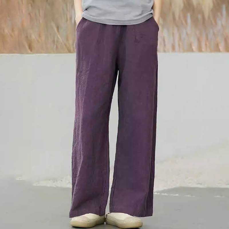 Buddha Stonesカジュアル 無地 ルーズ ストレートレッグ レディース ラミーコットン ワイドレッグパンツ ポケット付き - image 2