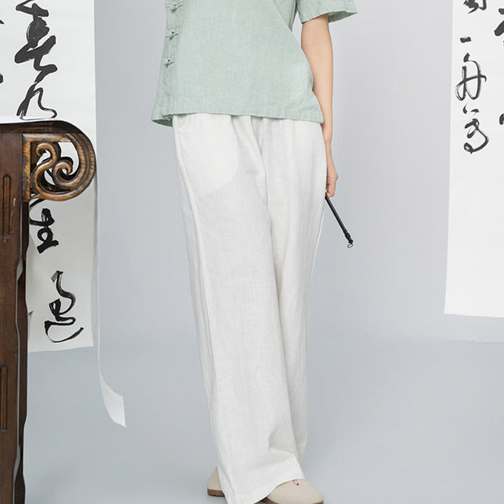 Buddha Stonesカジュアル 無地 ルーズ ストレートレッグ レディース ラミーコットン ワイドレッグパンツ ポケット付き