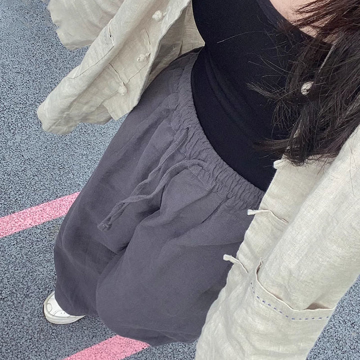 Buddha Stonesカジュアル 無地 ルーズ ストレートレッグ レディース ラミーコットン ワイドレッグパンツ ポケット付き