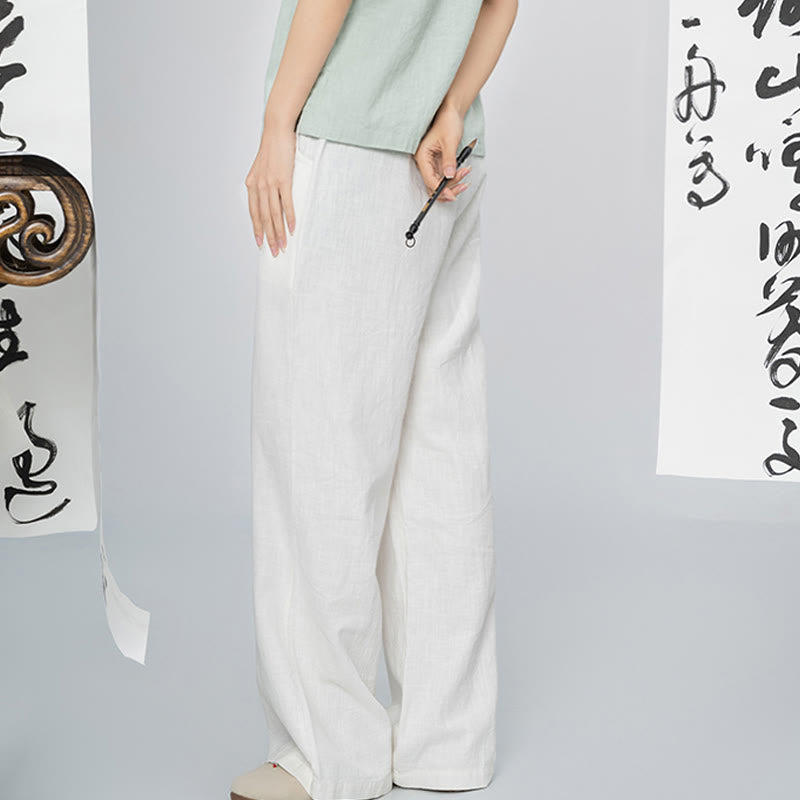 Buddha Stonesカジュアル 無地 ルーズ ストレートレッグ レディース ラミーコットン ワイドレッグパンツ ポケット付き