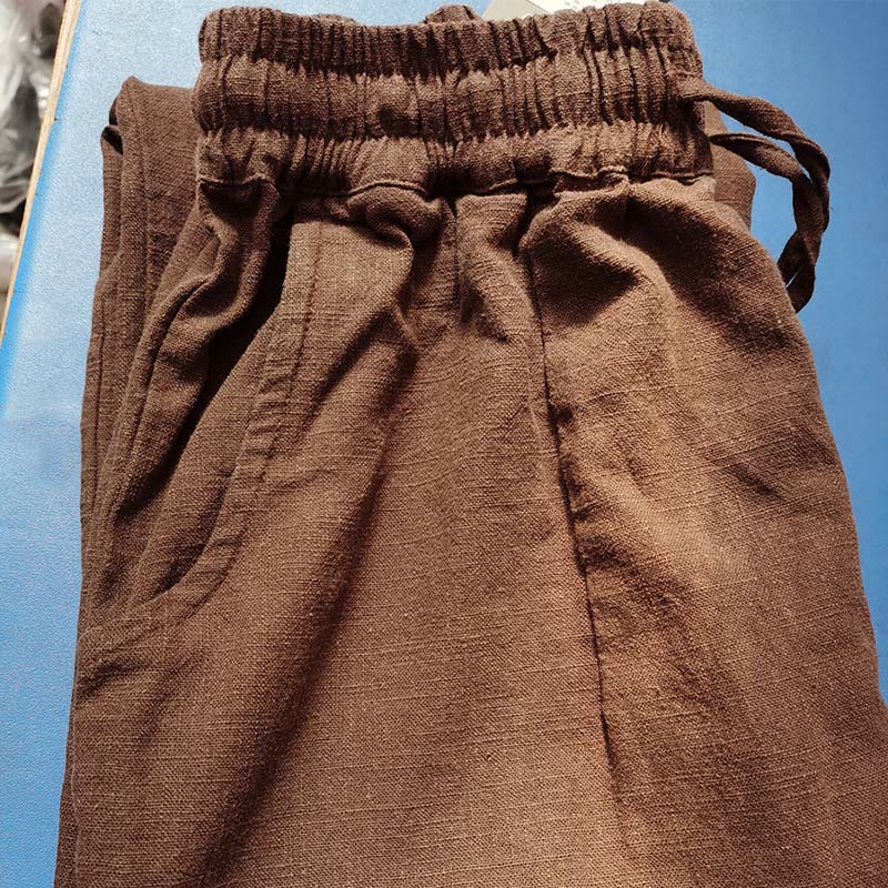 Buddha Stonesカジュアル 無地 ルーズ ストレートレッグ レディース ラミーコットン ワイドレッグパンツ ポケット付き