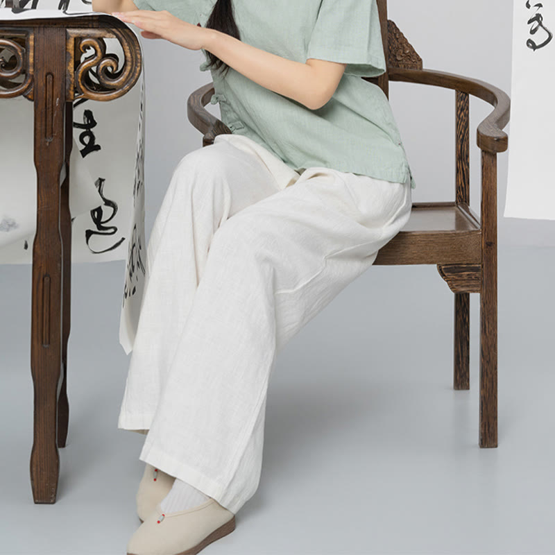 Buddha Stonesカジュアル 無地 ルーズ ストレートレッグ レディース ラミーコットン ワイドレッグパンツ ポケット付き