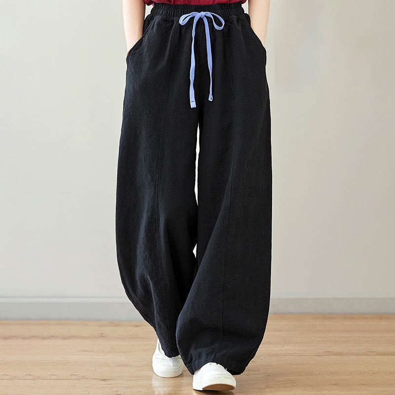 Buddha Stonesカジュアル 無地 ルーズロープ レディース コットンリネン パンツ ポケット付き - 黒 - US6、 UK/AU10、 EU38 (L) - image 0