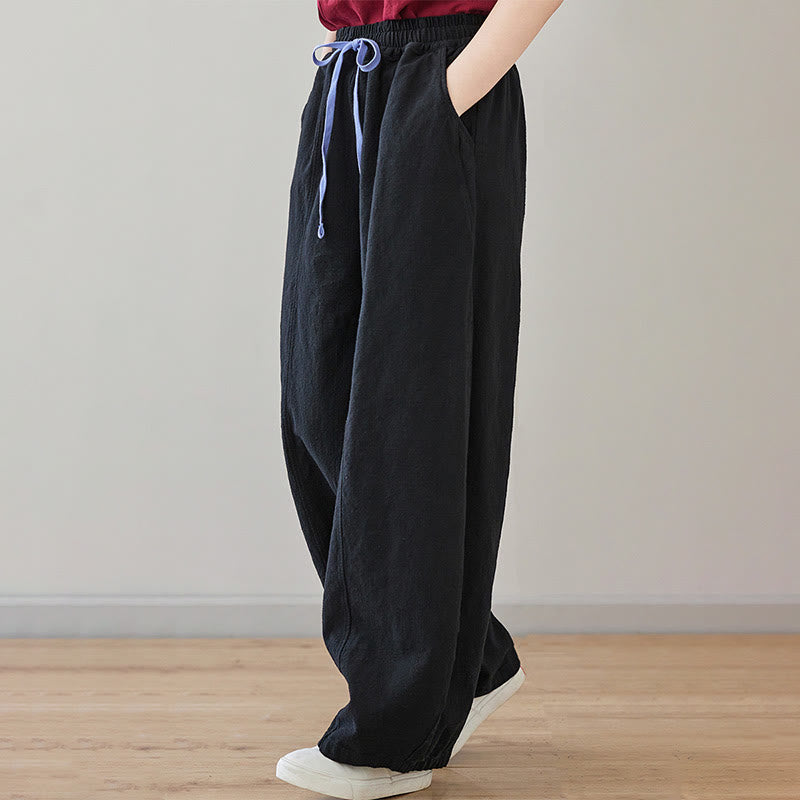 Buddha Stonesカジュアル 無地 ルーズロープ レディース コットンリネン パンツ ポケット付き - image 1