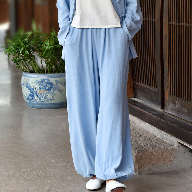 Buddha Stonesカジュアル 無地 ゆったり レディース リネン パンツ ポケット付き - ライトスカイブルー - US6、 UK/AU10、 EU38 (L) - image 0