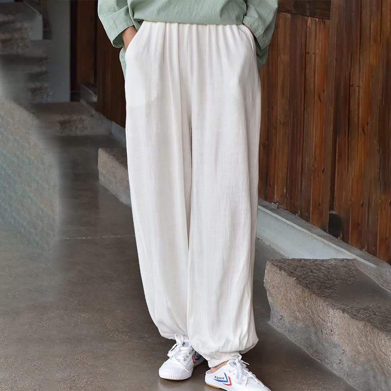 Buddha Stonesカジュアル 無地 ゆったり レディース リネン パンツ ポケット付き - 白 - US6、 UK/AU10、 EU38 (L) - image 8