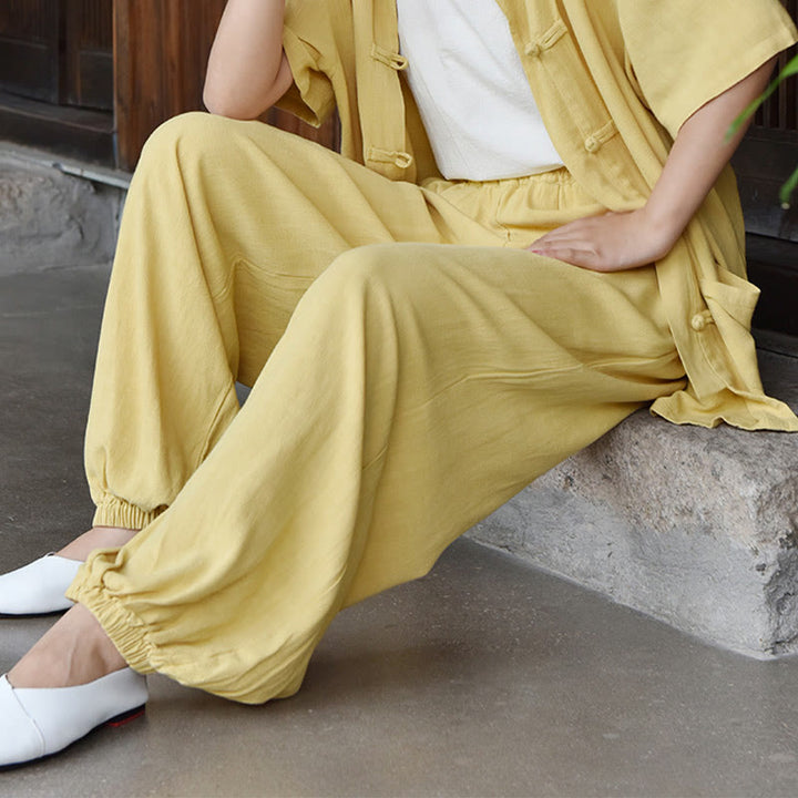 Buddha Stonesカジュアル 無地 ゆったり レディース リネン パンツ ポケット付き