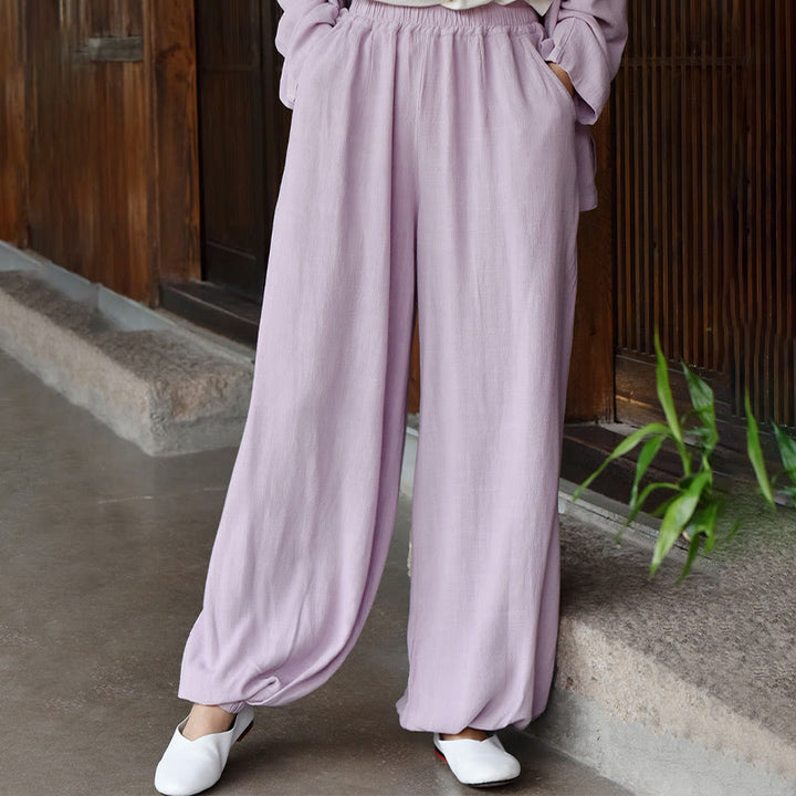 Buddha Stonesカジュアル 無地 ゆったり レディース リネン パンツ ポケット付き