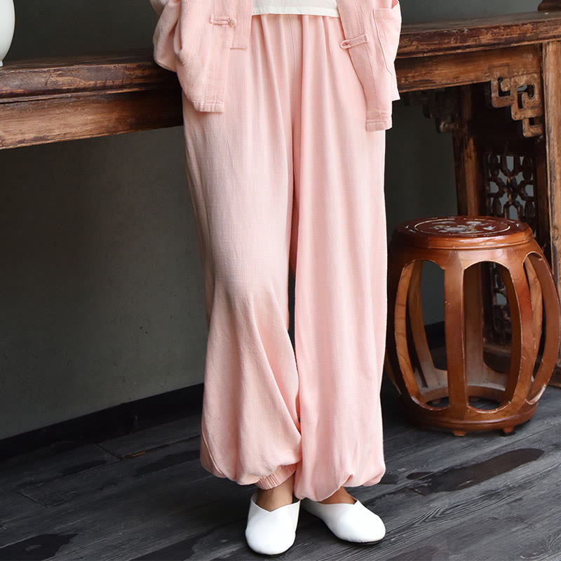 Buddha Stonesカジュアル 無地 ゆったり レディース リネン パンツ ポケット付き