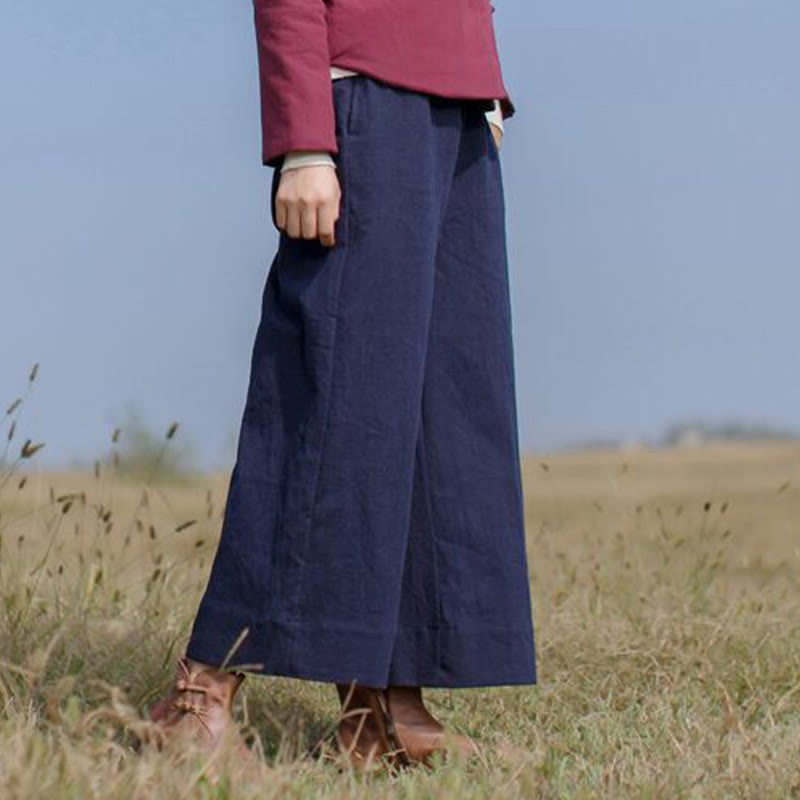 Buddha Stonesカジュアル 無地 ゆったり レディース ラミー ワイドレッグ パンツ ポケット付き - image 1