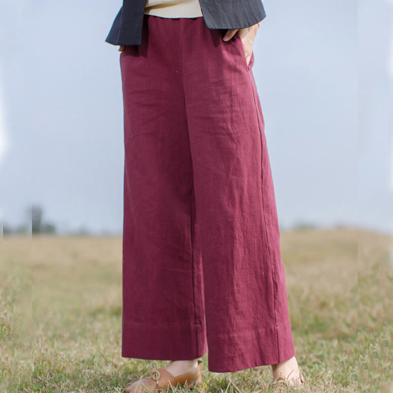Buddha Stonesカジュアル 無地 ゆったり レディース ラミー ワイドレッグ パンツ ポケット付き