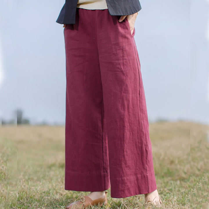 Buddha Stonesカジュアル 無地 ゆったり レディース ラミー ワイドレッグ パンツ ポケット付き