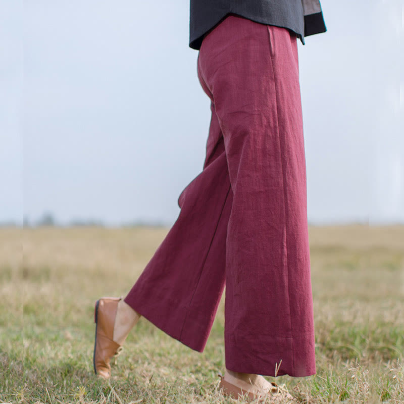 Buddha Stonesカジュアル 無地 ゆったり レディース ラミー ワイドレッグ パンツ ポケット付き