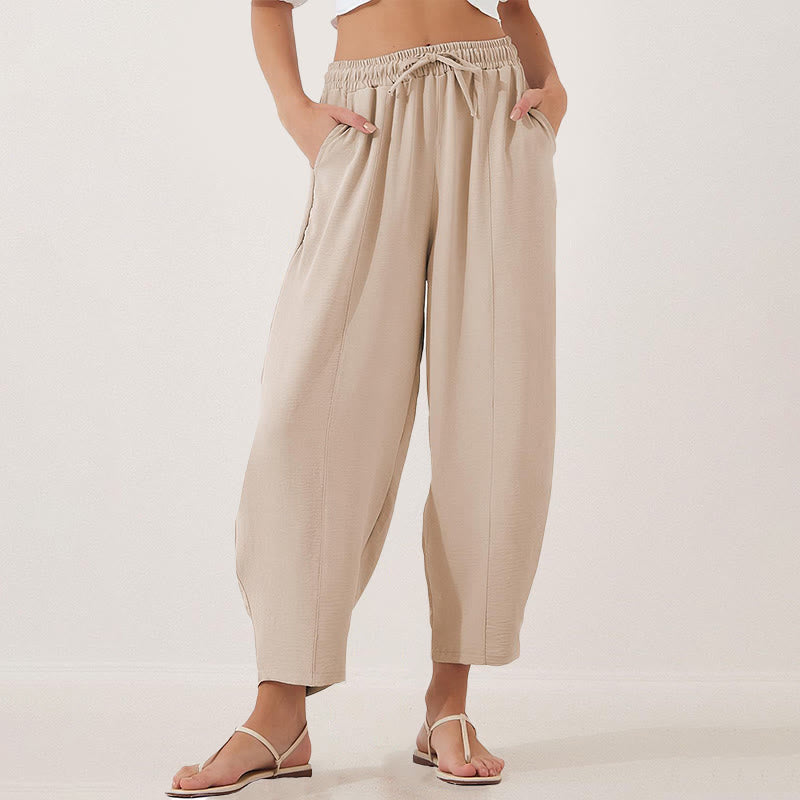 Buddha Stonesカジュアル 無地 ルーズ ドローストリング レディース ポリエステル 7/8丈 パンツ ポケット付き - パパイヤホイップ - US16、 UK/AU20、 EU48 (3XL) - image 0