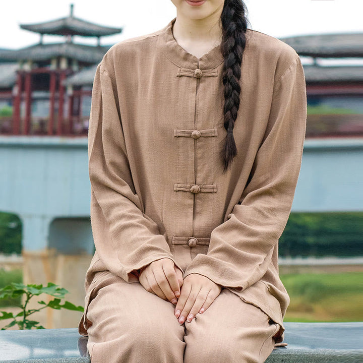 Buddha Stones無地 カエルボタン 長袖 コットンリネン レディース シャツ ポケット付き - バーリーウッド - US6、 UK/AU10、 EU38 (XL) - image 21