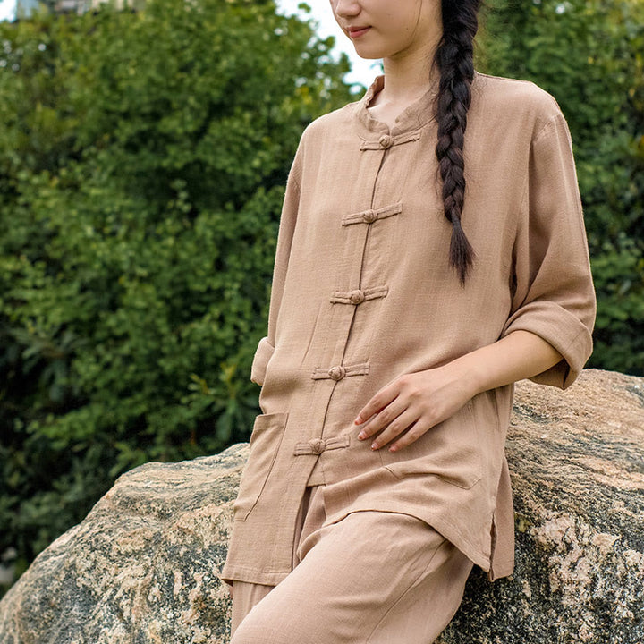 Buddha Stones無地 カエルボタン 長袖 コットンリネン レディース シャツ ポケット付き - image 23