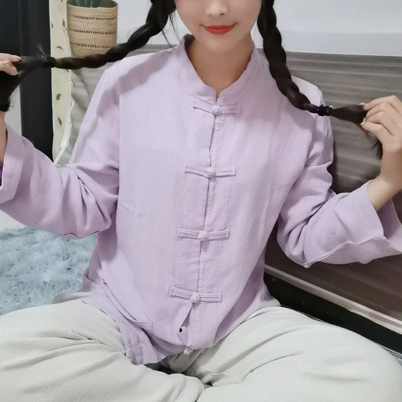 Buddha Stones無地 カエルボタン 長袖 コットンリネン レディース シャツ ポケット付き - アザミ - US6、 UK/AU10、 EU38 (XL) - image 9