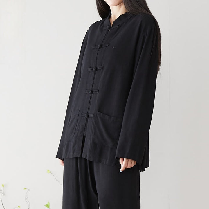 Buddha Stones無地 カエルボタン 長袖 コットンリネン レディース シャツ ポケット付き - 黒 - US6、 UK/AU10、 EU38 (XL) - image 6
