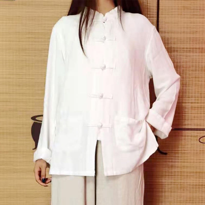 Buddha Stones無地 カエルボタン 長袖 コットンリネン レディース シャツ ポケット付き - image 1