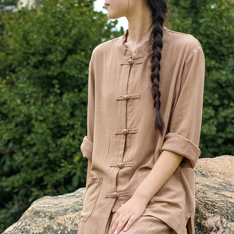 Buddha Stones無地 カエルボタン 長袖 コットンリネン レディース シャツ ポケット付き - image 23