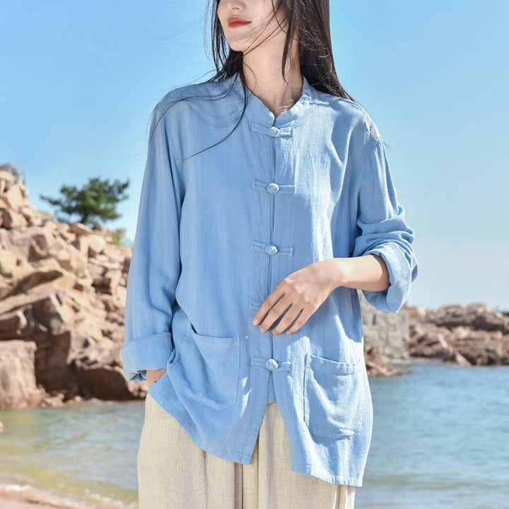 Buddha Stones無地 カエルボタン 長袖 コットンリネン レディース シャツ ポケット付き - image 8