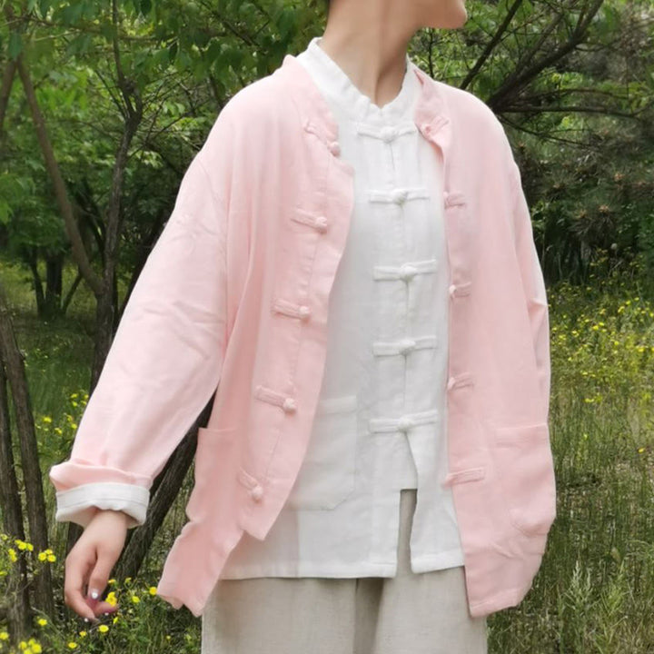 Buddha Stones無地 カエルボタン 長袖 コットンリネン レディース シャツ ポケット付き - ピンク - US8-10、 UK/AU12-14、 EU40-42 (XL) - image 16