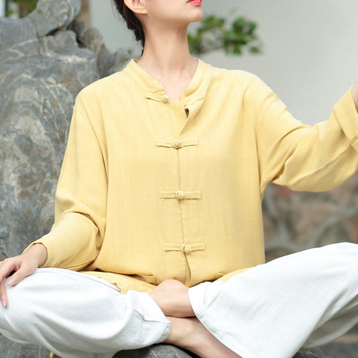 Buddha Stones無地 カエルボタン 長袖 コットンリネン レディース シャツ ポケット付き - カーキ - US8-10、 UK/AU12-14、 EU40-42 (XL) - image 14