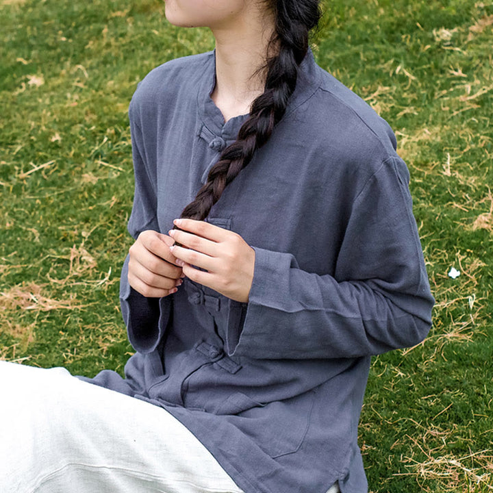 Buddha Stones無地 カエルボタン 長袖 コットンリネン レディース シャツ ポケット付き - ライトスチールブルー - US8-10、 UK/AU12-14、 EU40-42 (XL) - image 24