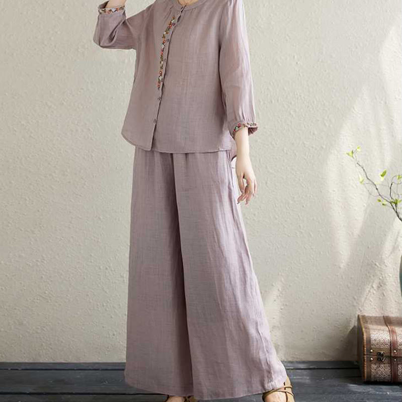 Buddha Stones2点セット コットン刺繍 花柄 シャツ トップパンツ 瞑想 禅 太極拳 ウェア レディース セット - image 4