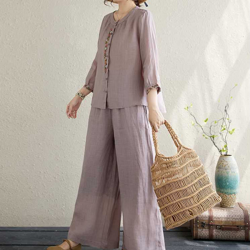 Buddha Stones2点セット コットン刺繍 花柄 シャツ トップパンツ 瞑想 禅 太極拳 ウェア レディース セット - image 2