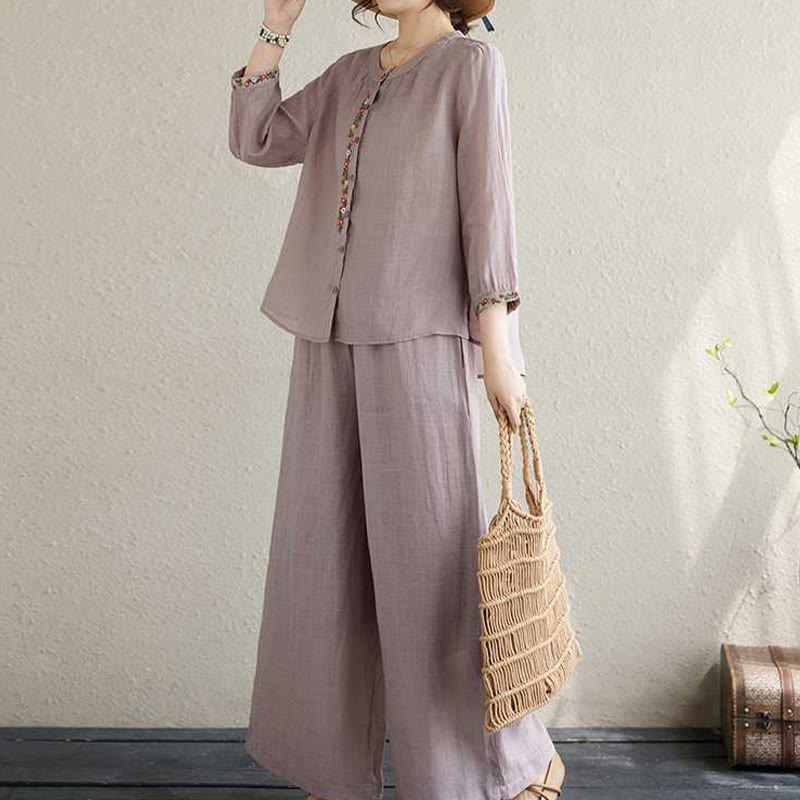 Buddha Stones2点セット コットン刺繍 花柄 シャツ トップパンツ 瞑想 禅 太極拳 ウェア レディース セット - image 5