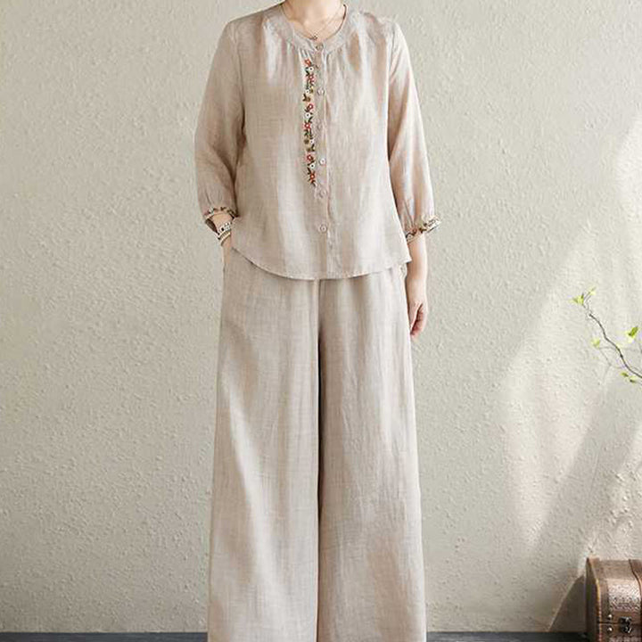 Buddha Stones2点セット コットン刺繍 花柄 シャツ トップパンツ 瞑想 禅 太極拳 ウェア レディース セット - image 15