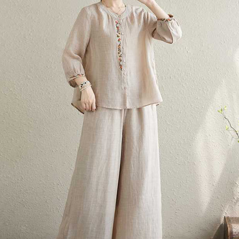 Buddha Stones2点セット コットン刺繍 花柄 シャツ トップパンツ 瞑想 禅 太極拳 ウェア レディース セット - image 16