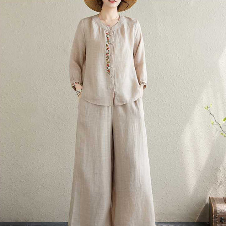 Buddha Stones2点セット コットン刺繍 花柄 シャツ トップパンツ 瞑想 禅 太極拳 ウェア レディース セット - image 17