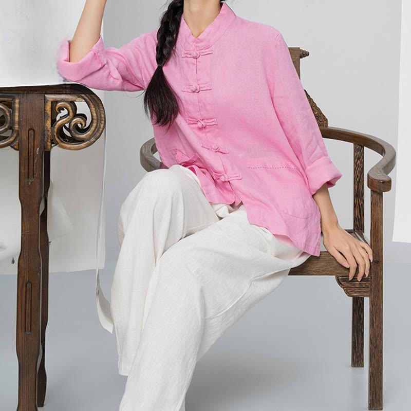 Buddha Stones無地 カエルボタン 長袖 リネン レディース シャツ ポケット付き - image 3