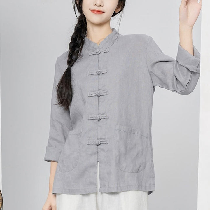 Buddha Stones無地 カエルボタン 長袖 リネン レディース シャツ ポケット付き - 銀 - US4、 UK/AU8、 EU36 (L) - image 7