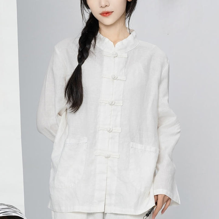 Buddha Stones無地 カエルボタン 長袖 リネン レディース シャツ ポケット付き - 白 - US4、 UK/AU8、 EU36 (L) - image 20